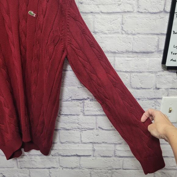 VTG Lacoste Cable Knit Sweater XL+ V-Neck Burgundy Retro Preppy Skater Academia - Picture 3 of 9